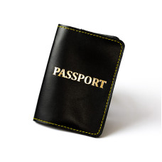 Обкладинка для паспорта "Passport", чорна з позолотою,жовта нитка.