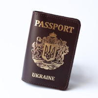Обкладинка для паспорта "Passport+великий Герб України",темно-коричнева з позолотою.