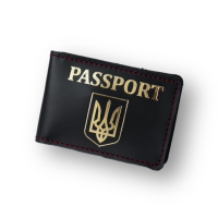 Обложка для ID-паспорта "Герб Украины+Passport", черная с позолото,красная нить.